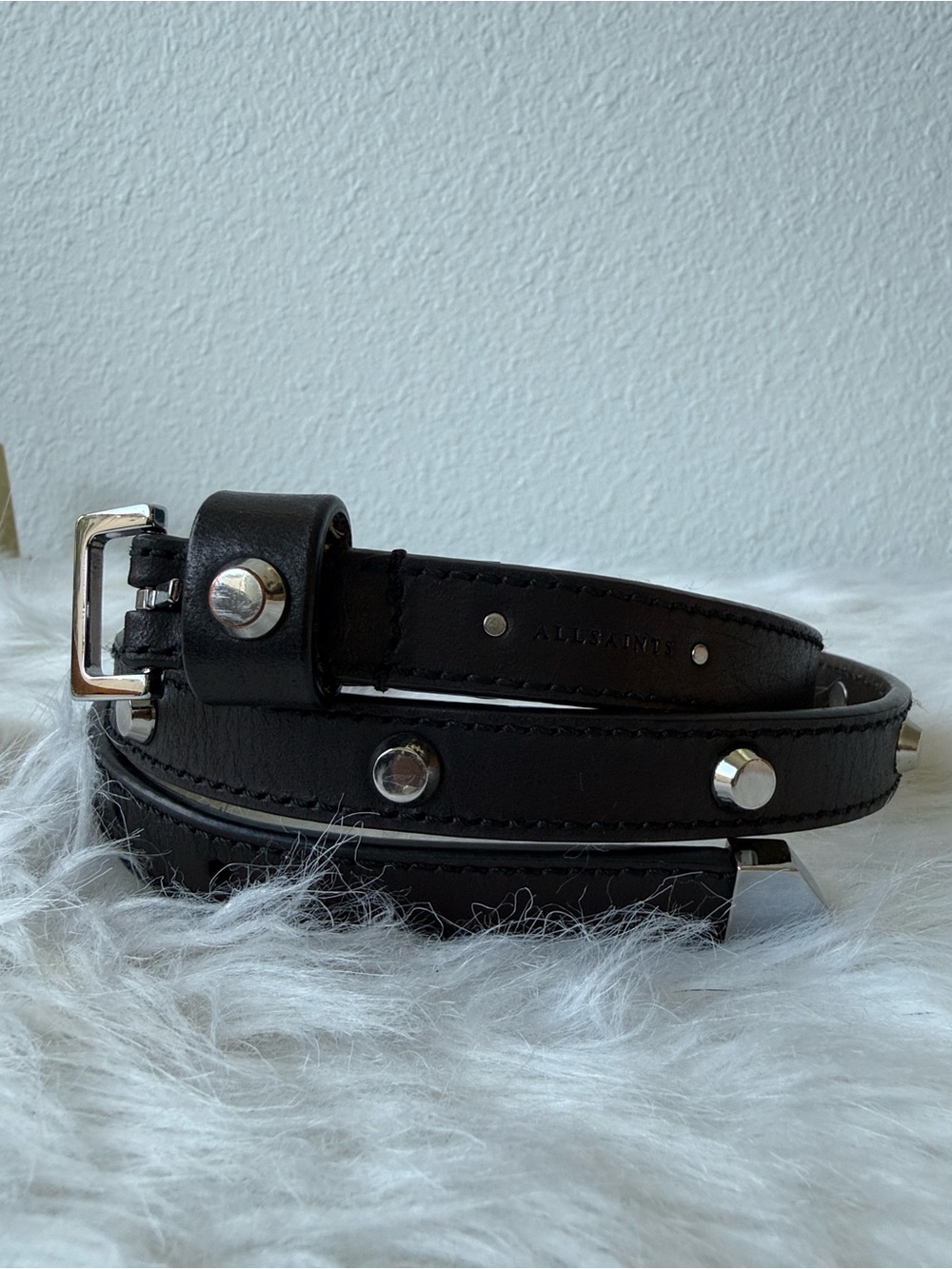 AllSaints Black Leather Studded Belt with Silver Hardware